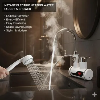 Instant Hot Water Faucet Shower Head 49°C Digital Display Stainless Steel thumbnail 2