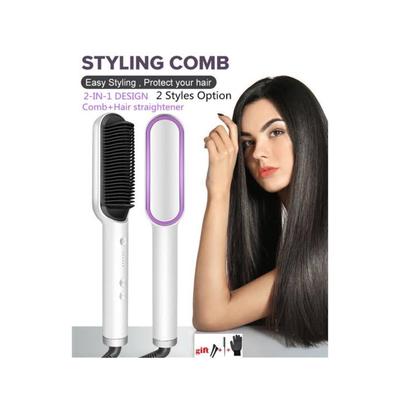2-in-1 Hair Straightener Brush White Corded Electric thumbnail 2