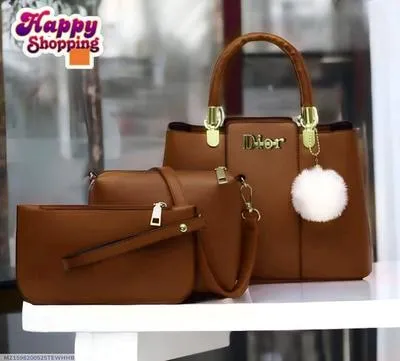 Women PU Leather 3Pcs Brown Handbag Set thumbnail 2
