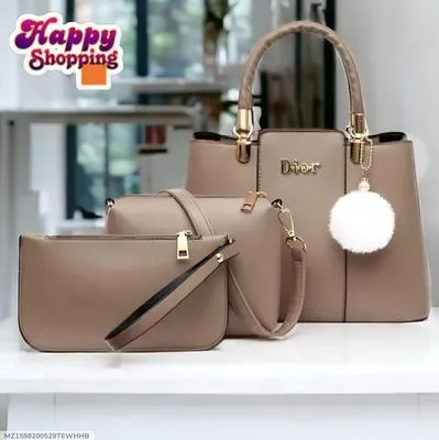 Happy Shopping Happy Shopping Women's Beige PU Leather 3Pcs Handbag Set thumbnail 4