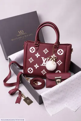 Maroon Leather Handbag Set for Women 2 Pcs Top Handle