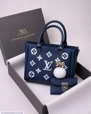 Women Blue Leather Handbag Set with Top Handle
