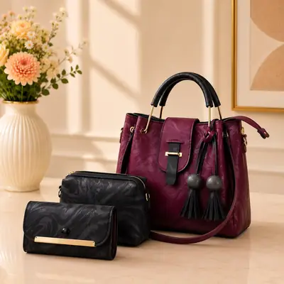 Women's Leather Plain Hand Bag Set