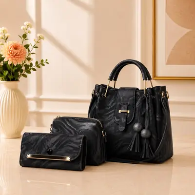Women's Leather Plain Hand Bag Set