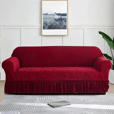 Red Velvet Sofa Cover for 3 Seater - Elastic Fit with Ruffled Hem