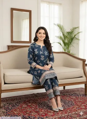 Blue Printed Linen 2Pcs Kurta Set for Women