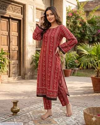 Maroon Linen 2-Piece Printed Kurta Set