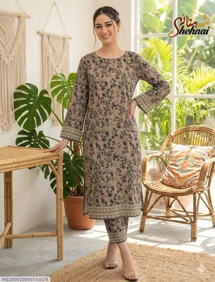 Linen Printed 2Pcs Grey Shirt Trouser Set
