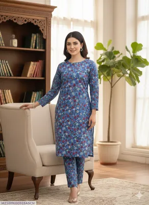 Women's Printed Lawn Kurta Pajama Set Blue Floral