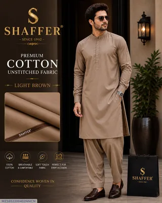 Men Cotton Unstitched Suit Light Brown Summer