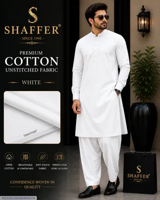 Premium Unstitched White Cotton Suit for Men