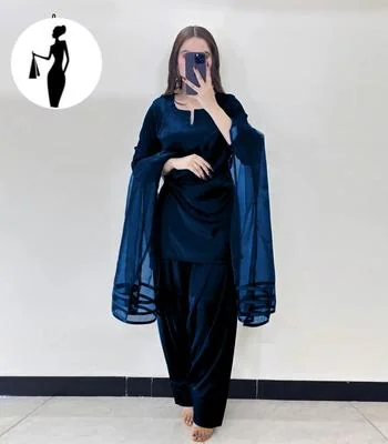3 Pcs Women's Stitched Plain Suit V Neck Plain Shirt With Long Flare Orignal Farshi Shalwar And Dupatta