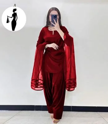 Maroon Shamoz Silk 3Pcs Women Suit With Organza Dupatta
