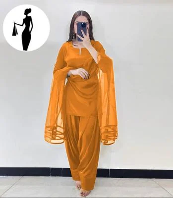 Mustard 3Pcs Stitched Farshi Suit with Organza Dupatta