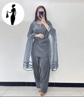 Grey 3Pcs Women's Stitched Plain Suit with Organza Dupatta
