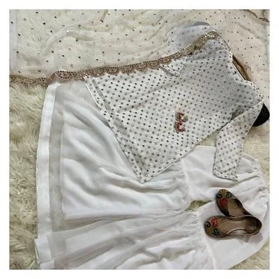 White 3-Piece Mirror Work Chiffon Suit for Women
