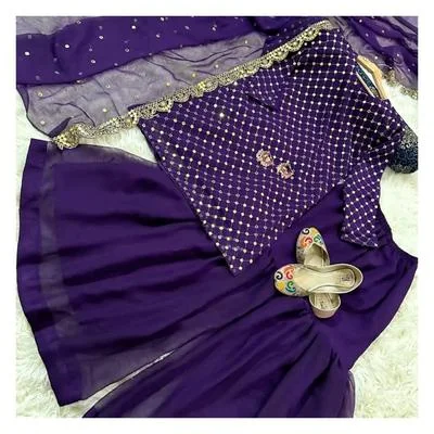 Purple 3Pcs Mirror Work Chiffon Suit Party Wear