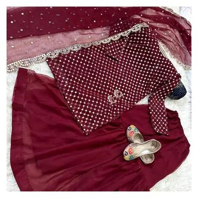 Maroon Mirror Work 3Pcs Women Suit Party Wear