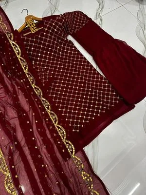 Maroon Mirror Work 3Pcs Women Suit Party Wear thumbnail 2