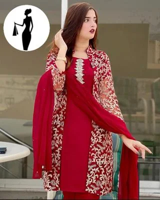 Maroon 4 Pcs Embroidered Gown Suit Shamoz Silk