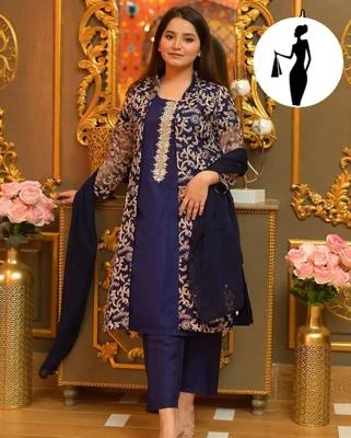 Blue Embroidered Shamoz Silk 4-Piece Gown Suit