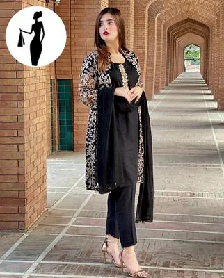 Black Embroidered 4-Piece Shamoz Silk Gown Suit Set