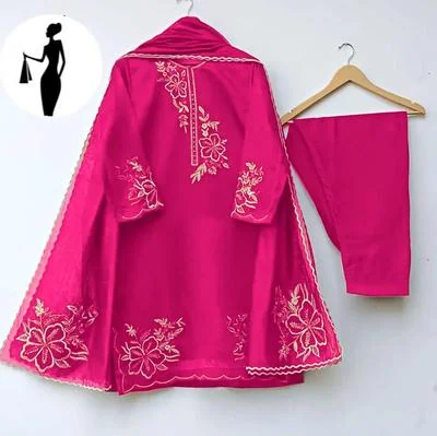 Pink Embroidered 3Pcs Women Suit Organza
