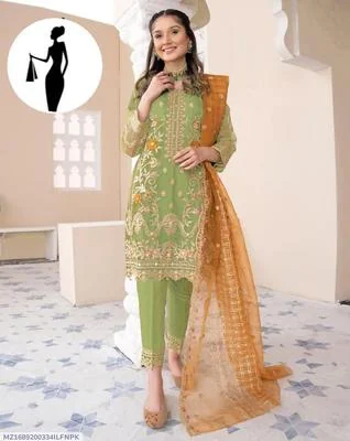 Green Embroidered 3Pcs Women Suit Organza Dupatta thumbnail 3