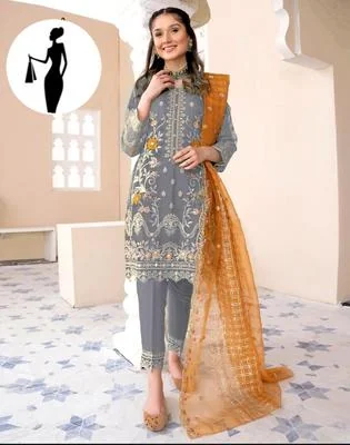 Women Embroidered 3Pcs Suit Grey Organza