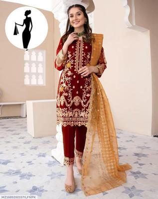 Women Maroon Embroidered Suit 3Pc Organza Malai Crepe Pakistan thumbnail 3