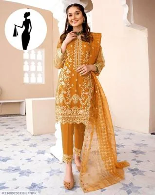 Women Embroidered 3Pcs Suit Mustard Organza thumbnail 3