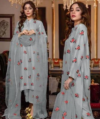 Grey Embroidered Shamoz Silk 3Pcs Women Suit