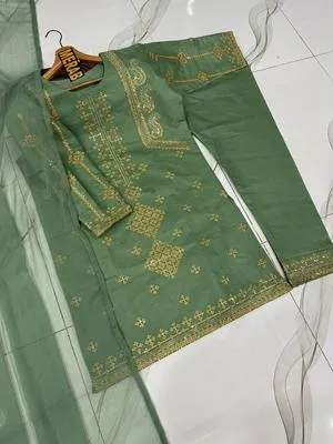 3 Pcs Women's Stitched Cotton Sequins Embroidered Suit thumbnail 3