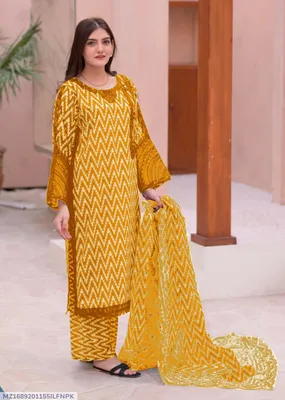 3 Pcs Women's Stitched Dobby Lawn Printed Suit