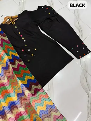 3 Pcs Women's Stitched Cotton Sheesha Work Suit Multi Mirror Attached On Neckline,Sleeves And Farshi Shalwar Bottom With ZigZag Multi Printed Dupatta thumbnail 2