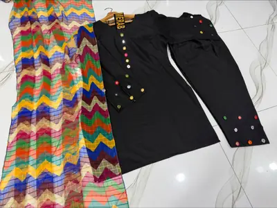 3 Pcs Women's Stitched Cotton Sheesha Work Suit Multi Mirror Attached On Neckline,Sleeves And Farshi Shalwar Bottom With ZigZag Multi Printed Dupatta thumbnail 3