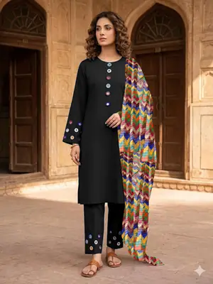 3 Pcs Women's Stitched Cotton Sheesha Work Suit Multi Mirror Attached On Neckline,Sleeves And Farshi Shalwar Bottom With ZigZag Multi Printed Dupatta thumbnail 4