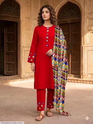 3 Pcs Women's Stitched Cotton Sheesha Work Suit Multi Mirror Attached On Neckline,Sleeves And Farshi Shalwar Bottom With ZigZag Multi Printed Dupatta