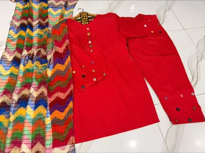 3 Pcs Women's Stitched Cotton Sheesha Work Suit Multi Mirror Attached On Neckline,Sleeves And Farshi Shalwar Bottom With ZigZag Multi Printed Dupatta thumbnail 2