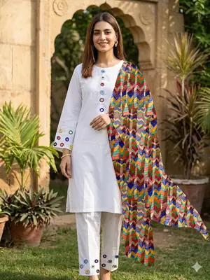 3 Pcs Women's Stitched Cotton Sheesha Work Suit Multi Mirror Attached On Neckline,Sleeves And Farshi Shalwar Bottom With ZigZag Multi Printed Dupatta thumbnail 2