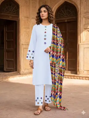 3 Pcs Women's Stitched Cotton Sheesha Work Suit Multi Mirror Attached On Neckline,Sleeves And Farshi Shalwar Bottom With ZigZag Multi Printed Dupatta thumbnail 5