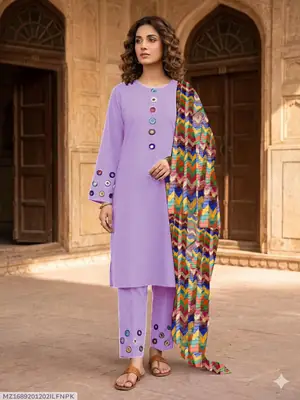 3 Pcs Women's Stitched Cotton Sheesha Work Suit Multi Mirror Attached On Neckline,Sleeves And Farshi Shalwar Bottom With ZigZag Multi Printed Dupatta