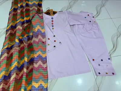 3 Pcs Women's Stitched Cotton Sheesha Work Suit Multi Mirror Attached On Neckline,Sleeves And Farshi Shalwar Bottom With ZigZag Multi Printed Dupatta thumbnail 3