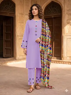 3 Pcs Women's Stitched Cotton Sheesha Work Suit Multi Mirror Attached On Neckline,Sleeves And Farshi Shalwar Bottom With ZigZag Multi Printed Dupatta thumbnail 4