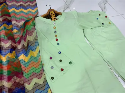 3 Pcs Women's Stitched Cotton Sheesha Work Suit Multi Mirror Attached On Neckline,Sleeves And Farshi Shalwar Bottom With ZigZag Multi Printed Dupatta thumbnail 2