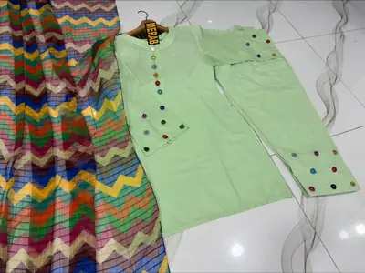 3 Pcs Women's Stitched Cotton Sheesha Work Suit Multi Mirror Attached On Neckline,Sleeves And Farshi Shalwar Bottom With ZigZag Multi Printed Dupatta thumbnail 3