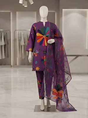 3 Pcs Women's Stitched Arabic Lawn Printed Suit thumbnail 3