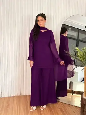 3 Pcs Women's Stitched Chiffon Plain Suit thumbnail 3