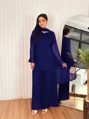 3 Pcs Women's Stitched Chiffon Plain Suit