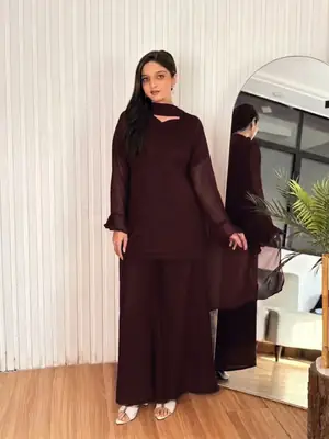 3 Pcs Women's Stitched Chiffon Plain Suit